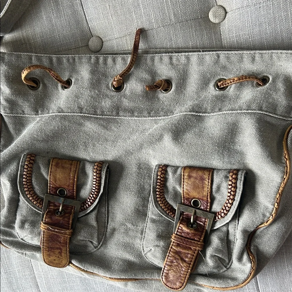 Non Signe Y2K Vintage Green Distressed Denim Double Pocket Messenger Bag